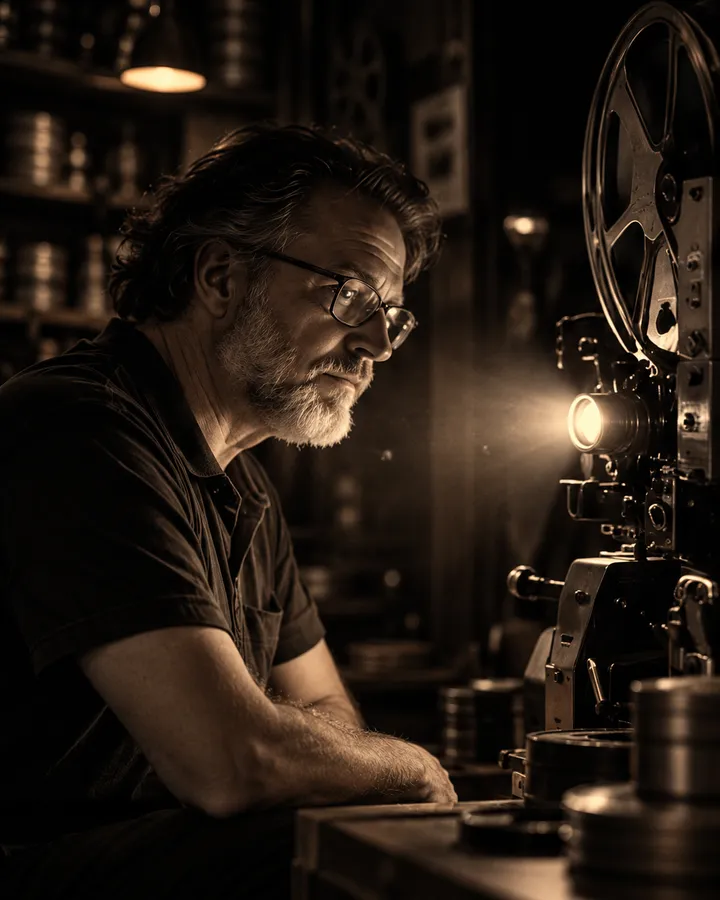 Callum Reid, the projectionist, in glasses and a grey beard beside a projector with its lens lit