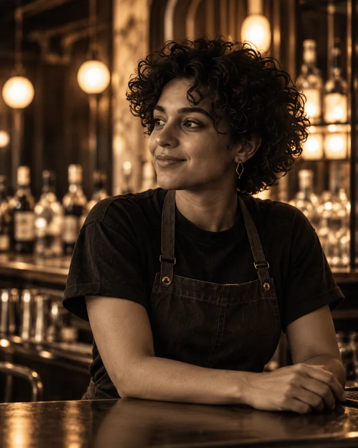 Noor Haddad, the bar lead, in a bar apron smiling at the counter of the foyer bar