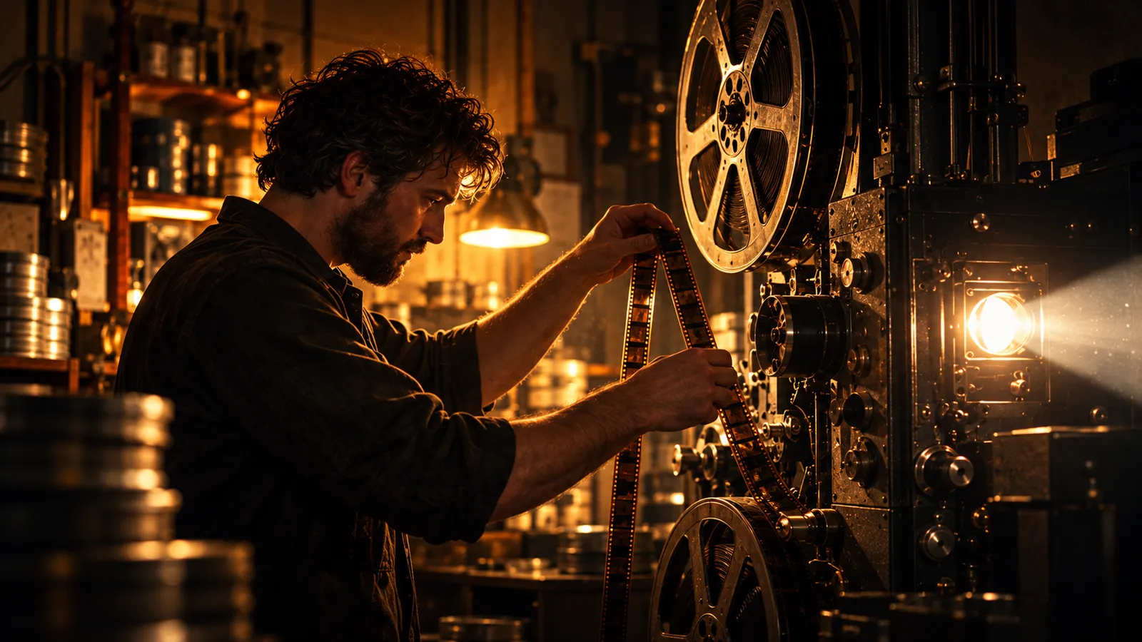 A bearded projectionist threading a strip of 35 mm film through an old projector with large reels in a warm, lamplit booth
