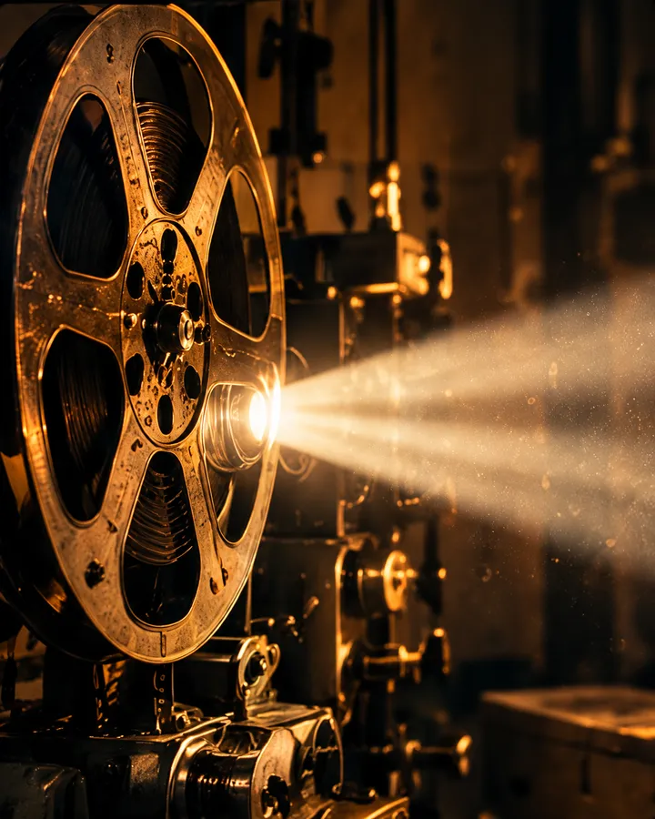 A vintage film projector with a large spoked reel, its beam of light streaming out of a dark booth