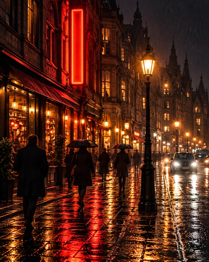 A rain-wet city street at night, red and amber shop lights reflected on the pavement and people under umbrellas