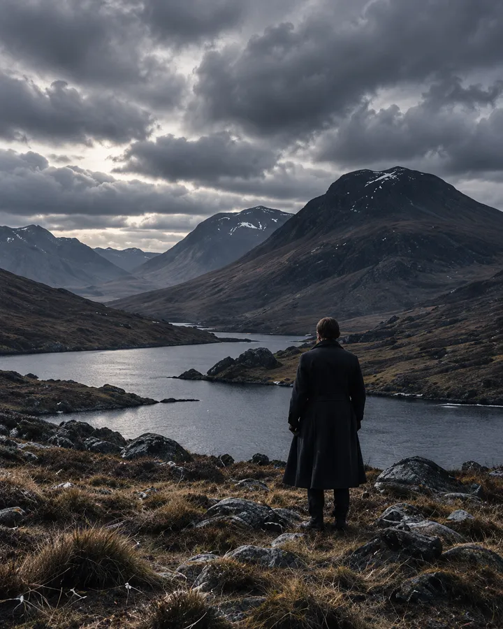 A lone figure in a long coat on a rocky shore looking across a Highland loch to dark mountains