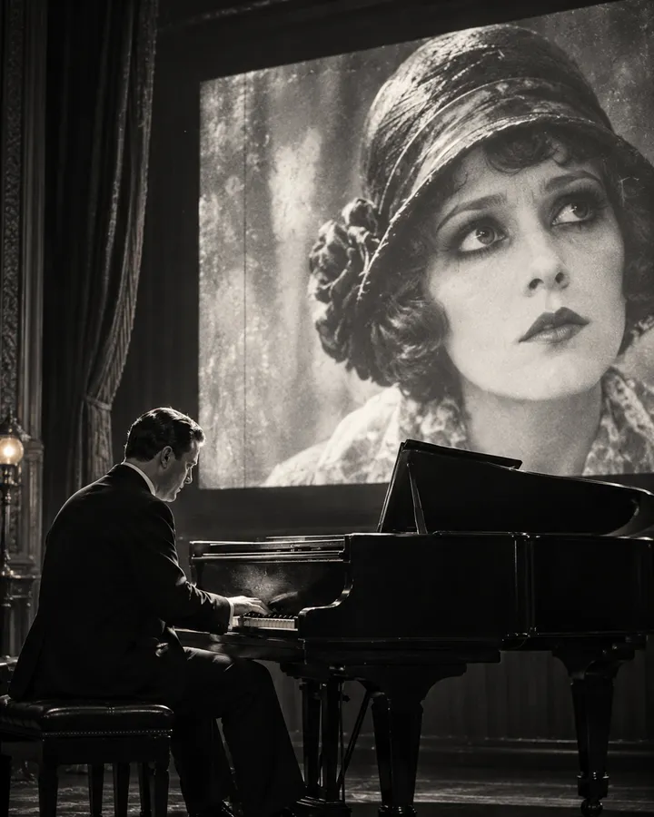 In black and white, a pianist at a grand piano in front of a screen showing a silent-film actress in a cloche hat