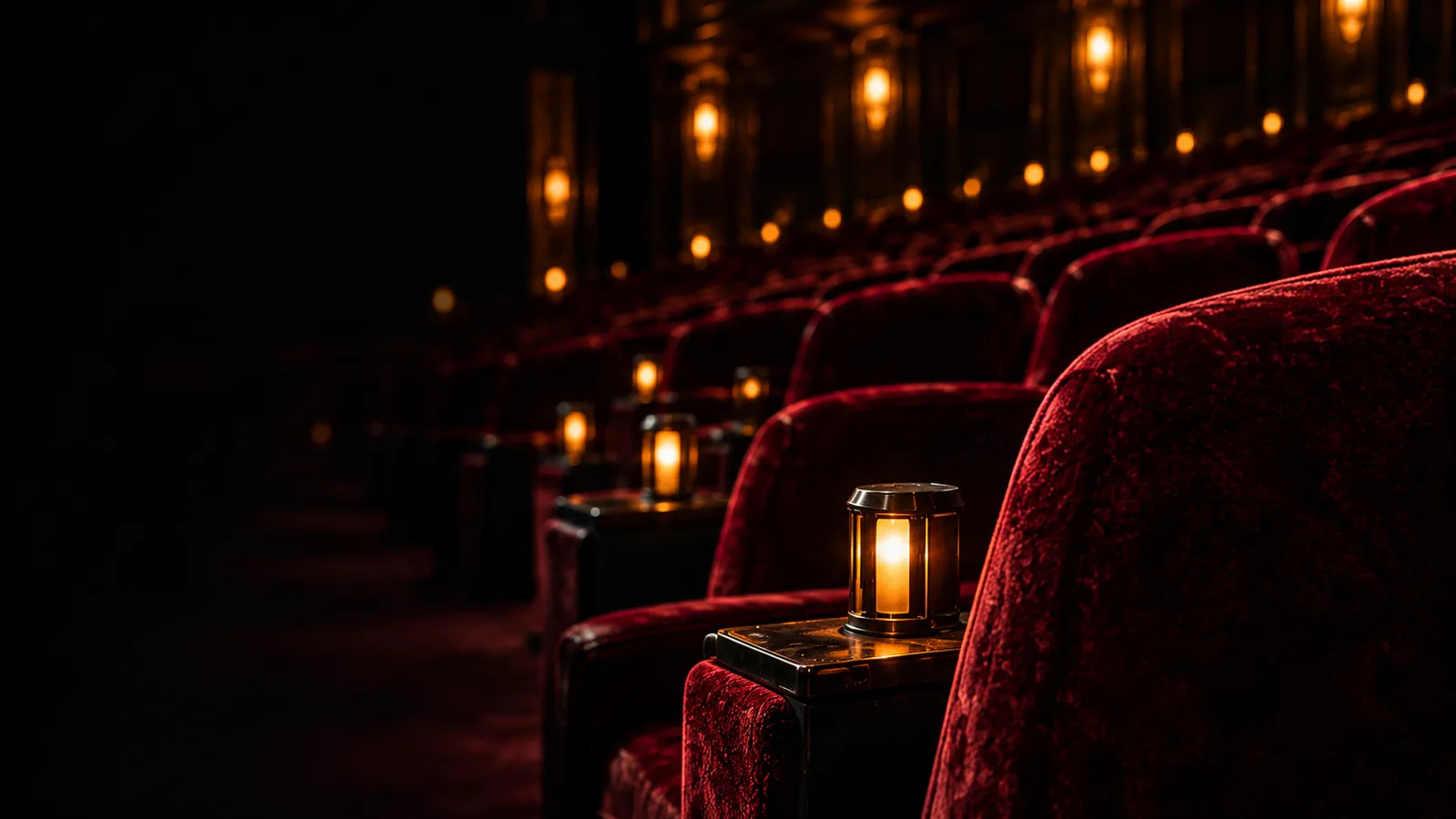 Rows of red velvet cinema seats in the dark with small brass lamps glowing between them