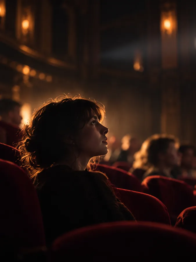 A young woman in a dark cinema looking up at the screen, her face lit by its glow