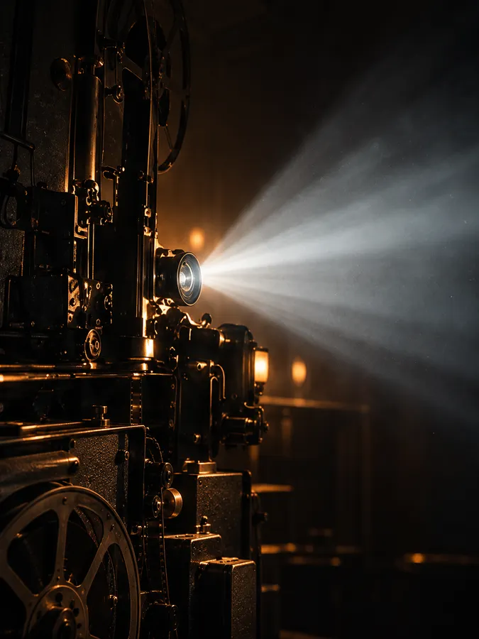 An old film projector in the dark, its beam streaming through the haze
