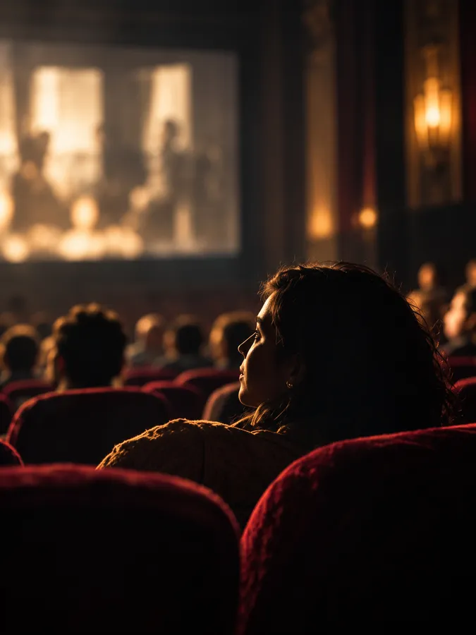 A woman in profile watching the glowing screen from her seat in a darkened auditorium