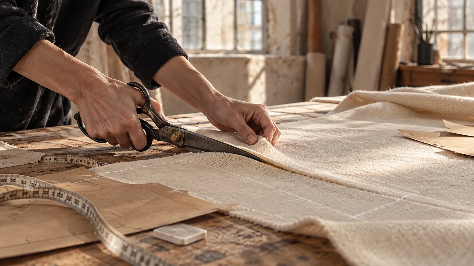 Hands cutting undyed cream wool with heavy tailor's shears along chalk lines, paper patterns and a tape measure