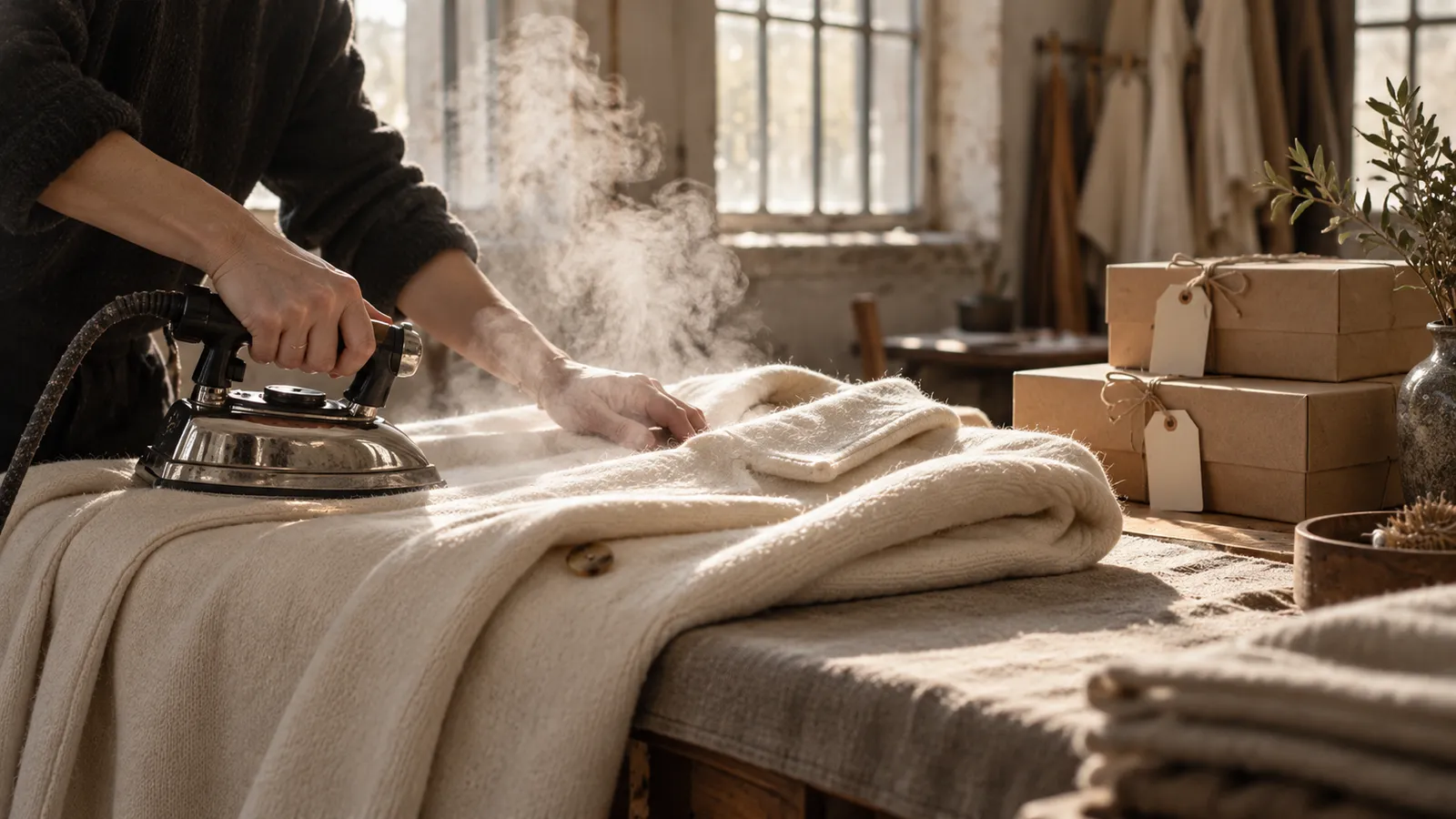 A steam iron presses a folded cream wool coat beside kraft-paper boxes tied with blank labels