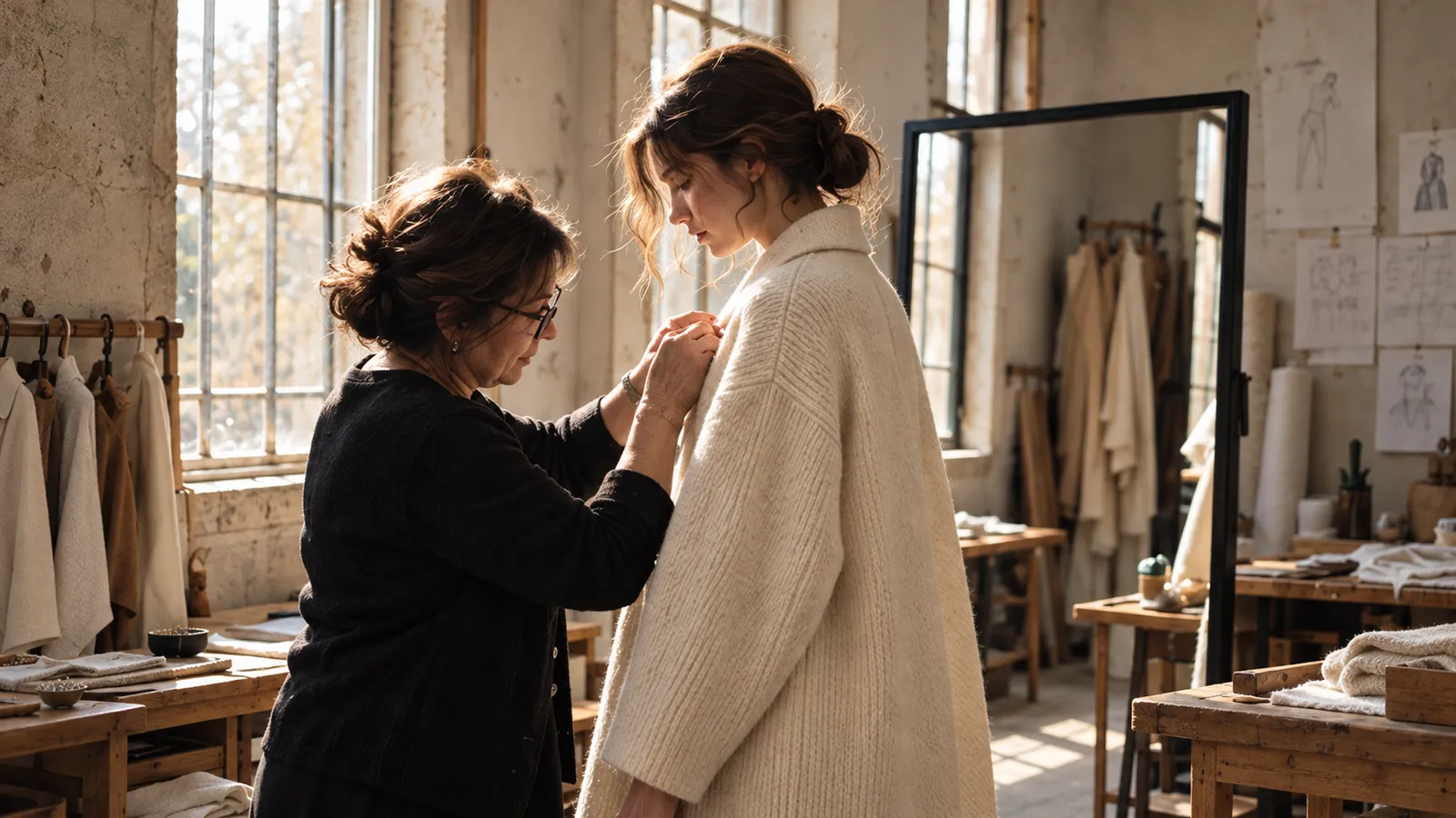 A seamstress in glasses pins the shoulder of a cream wool coat on the model, a tall mirror beside them