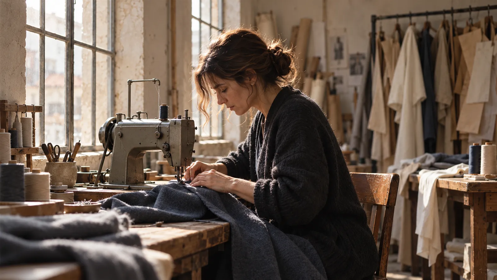 A machinist sews a slate-blue wool seam at an old sewing machine beside a tall sunlit atelier window