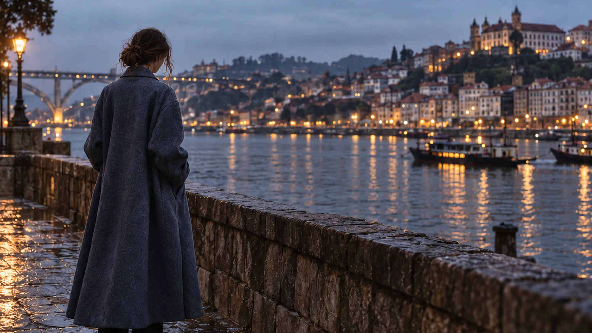 The model from behind in the slate-blue coat at the river wall, Porto's lights across the Douro at blue hour