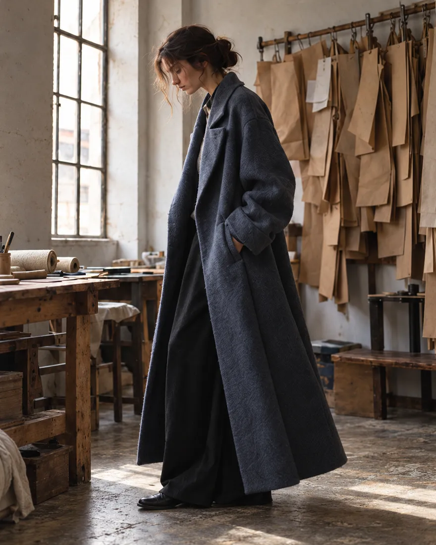 A model in a long slate-blue wool coat stands by a tall atelier window, brown paper patterns hanging behind her