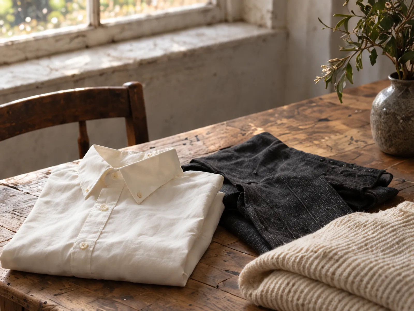 A folded white poplin shirt, charcoal wool trousers and a cream knit on an old oak table by a window
