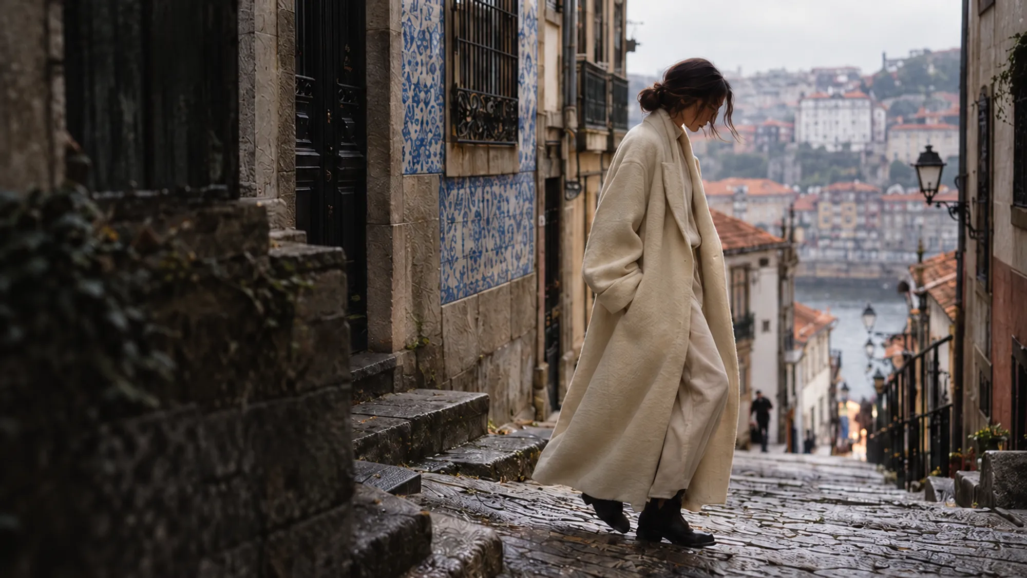 A woman in a long undyed wool coat walks down a steep cobbled Porto street, blue azulejo tiles and the river behind