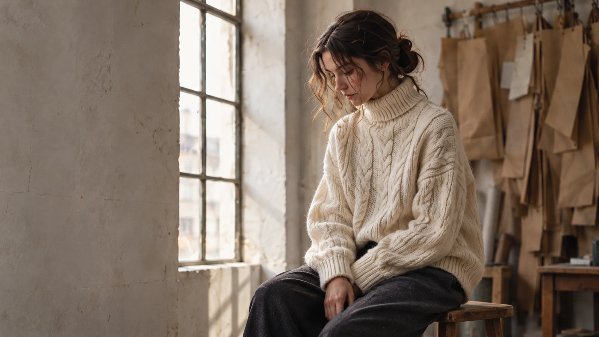 The model in a chunky cream cable-knit roll-neck sits on a stool by the atelier window, paper patterns behind