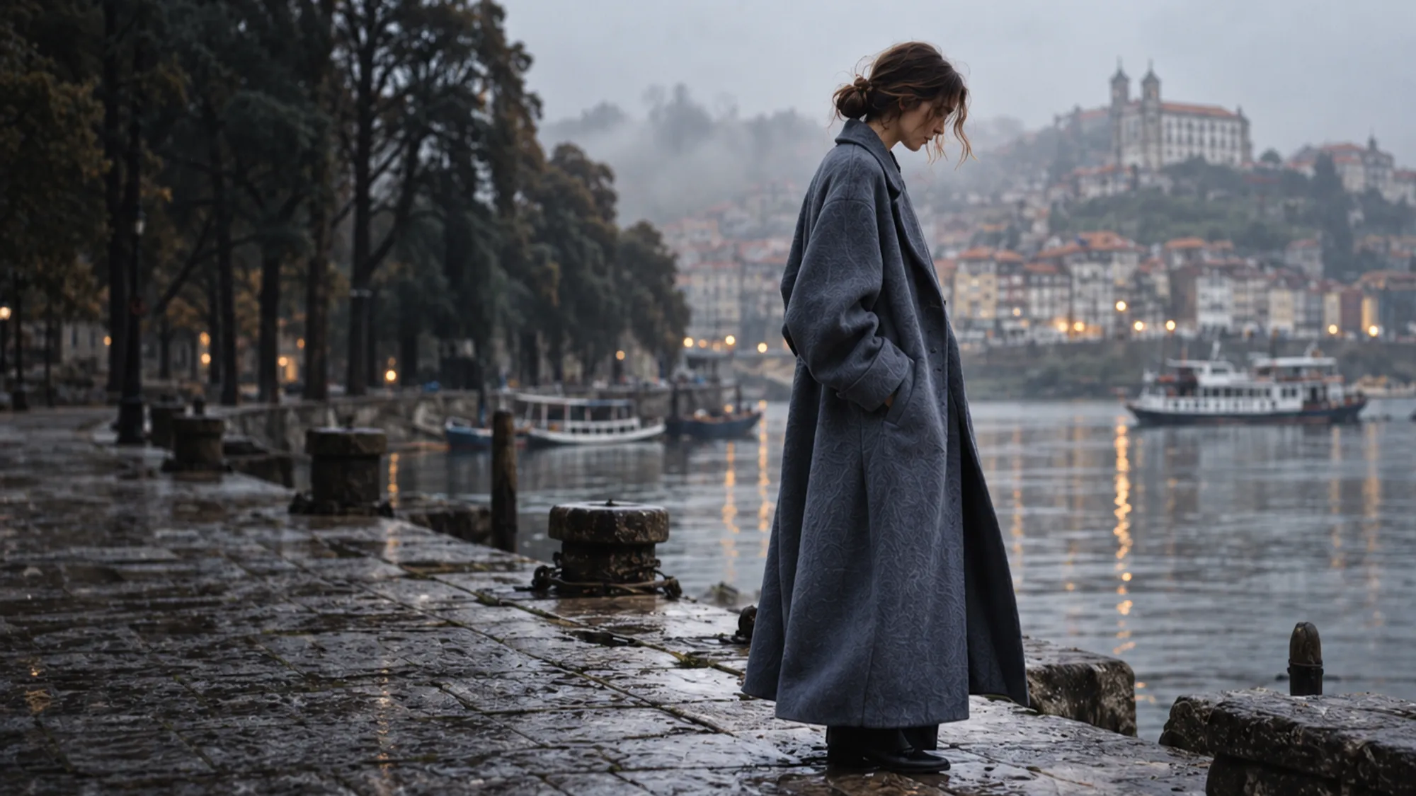 The model in the slate-blue river coat on a wet granite quay, the Douro and Porto's old town in morning mist