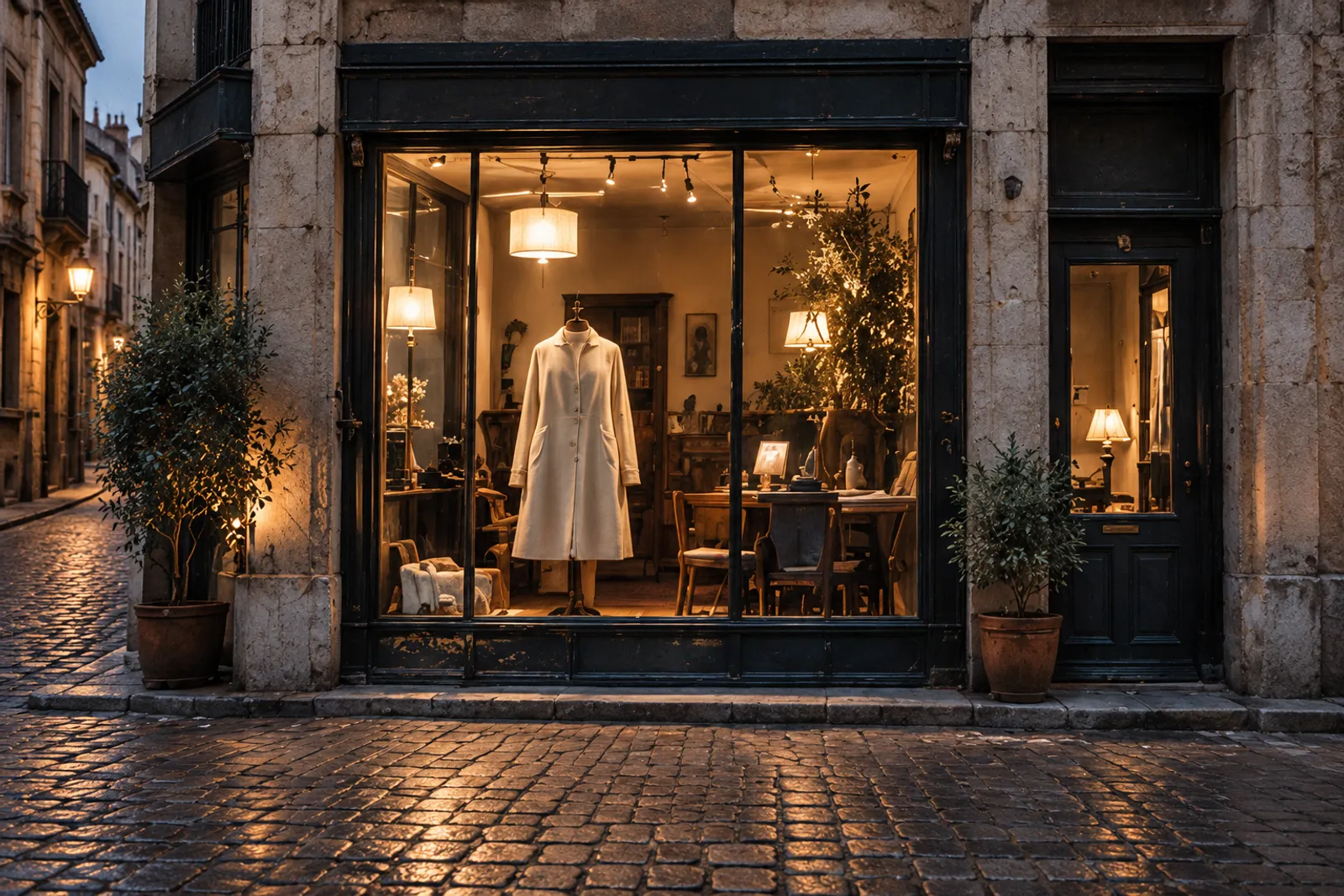 A lit boutique window in an old Porto stone façade at dusk, a cream coat on a dress form inside