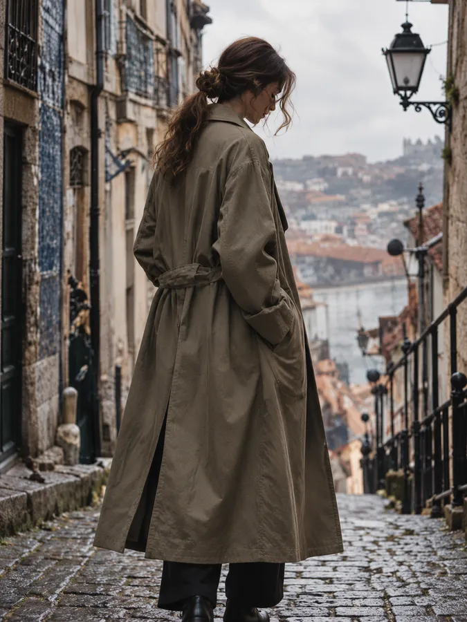 The model from behind in a long khaki cotton trench on a narrow cobbled Porto street with an iron lamp