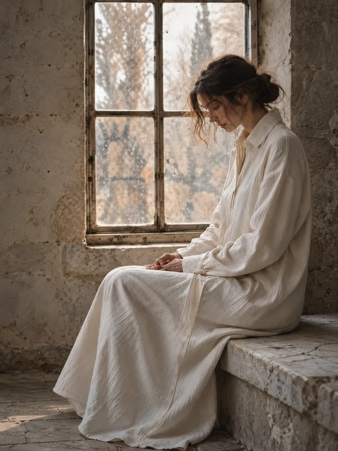 The model in a long buttoned ecru linen shirt dress, seated on a stone ledge beside an old window