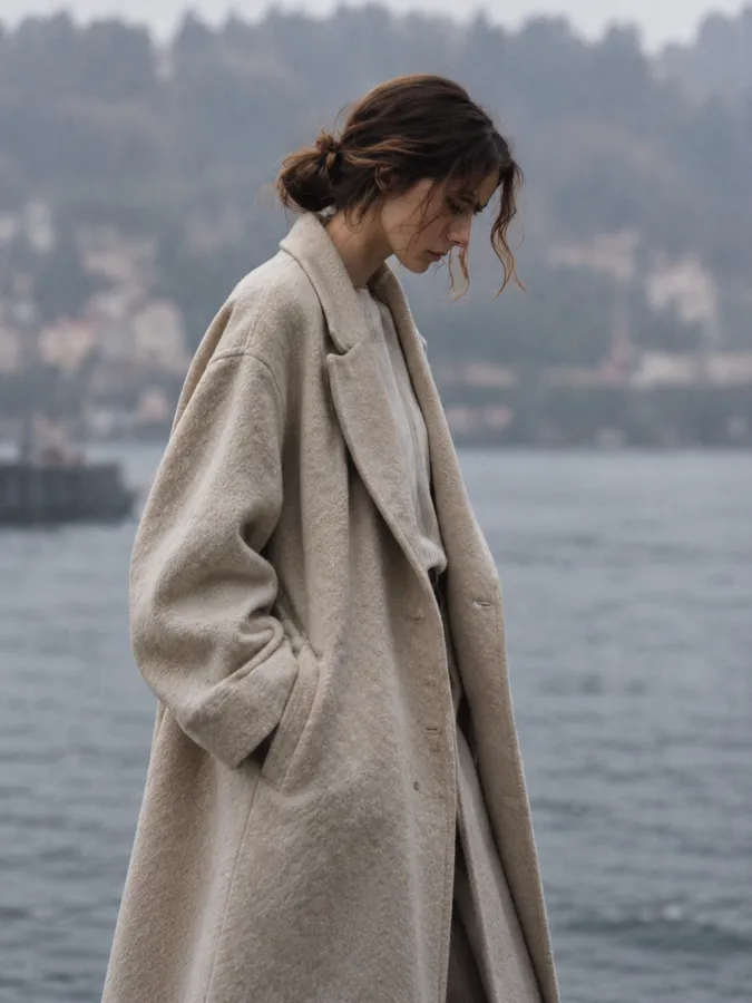 The model in a long oatmeal wool overcoat, hands in pockets, by misty grey water