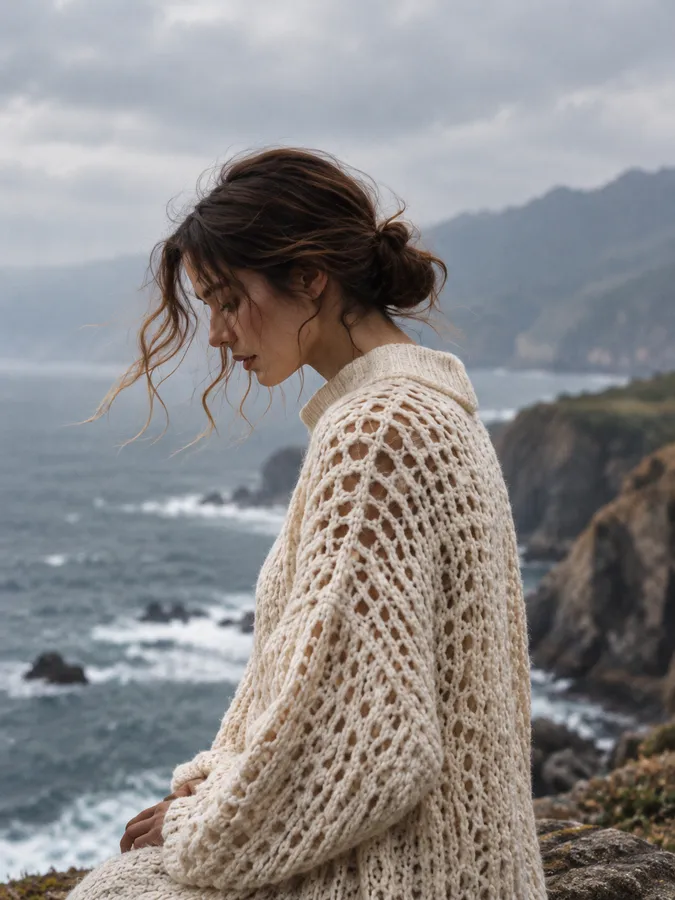 The model in a loose cream open-stitch knit on a clifftop above a grey Atlantic sea