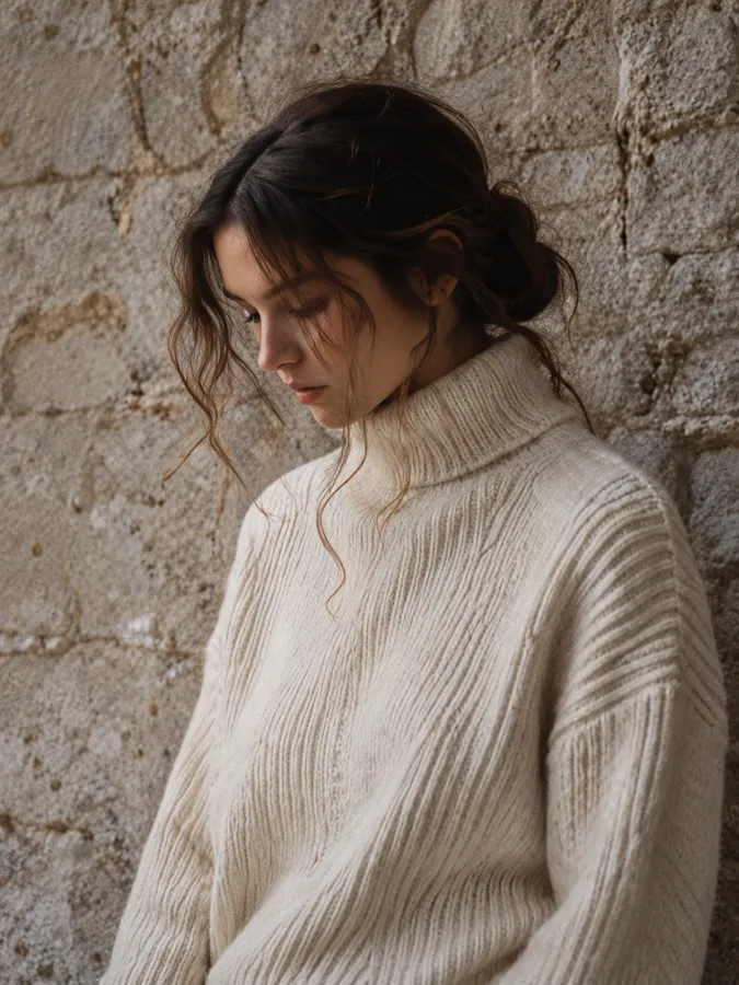 The model in an ivory ribbed lambswool roll-neck, head bowed, against an old stone wall