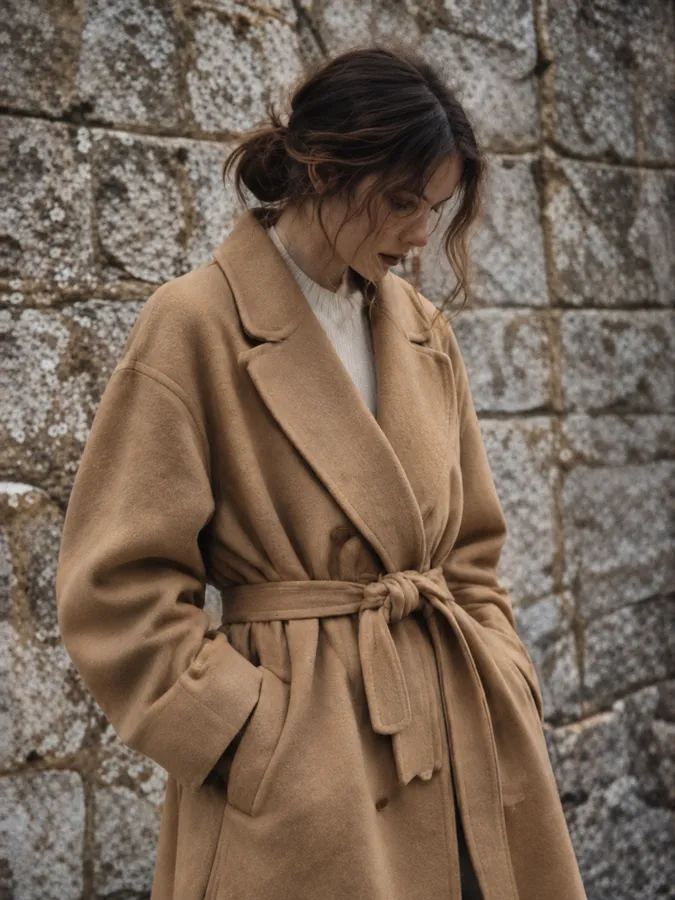 The model in an undyed camel coat tied at the waist, head bowed, against a rough granite block wall