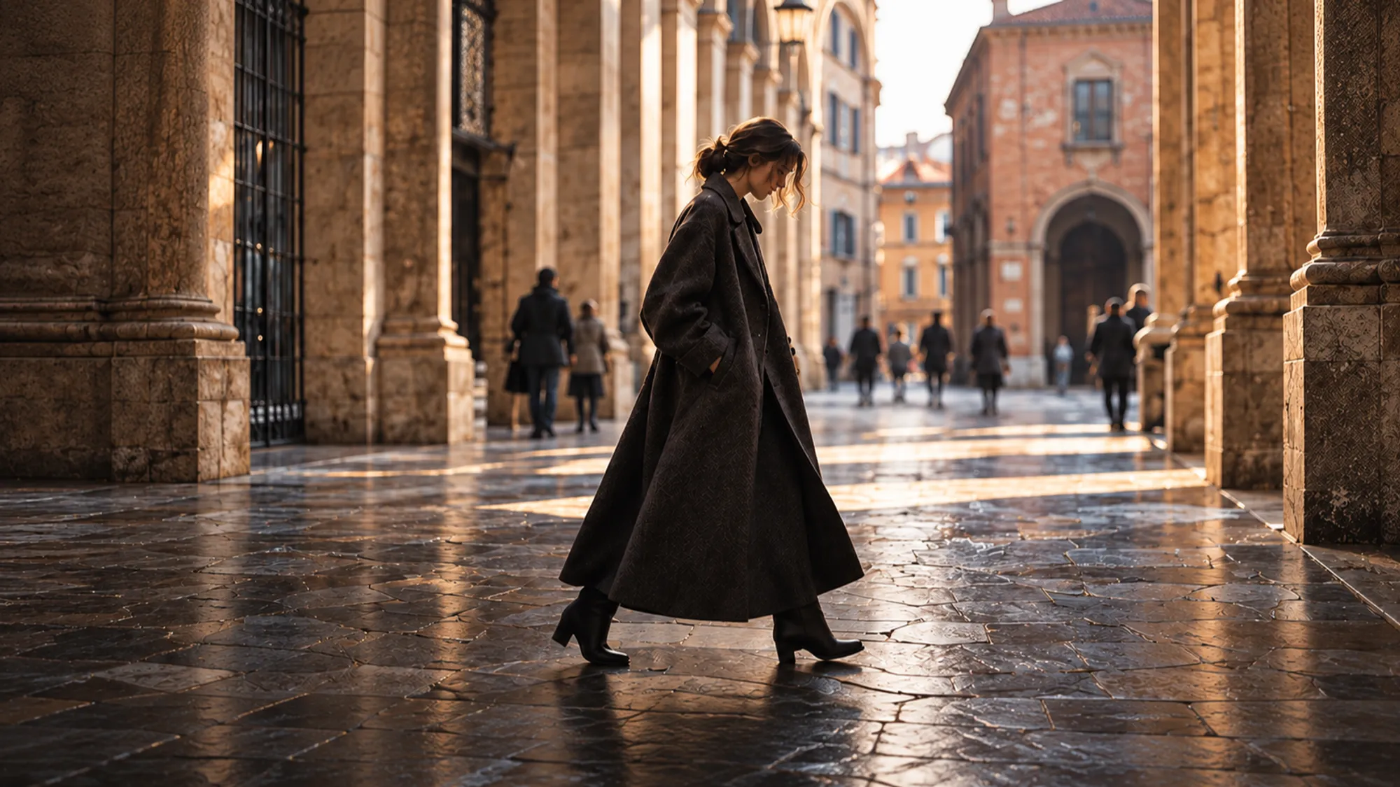 A woman in a long dark brown wool coat walks through a stone colonnade in Bologna in low winter sun