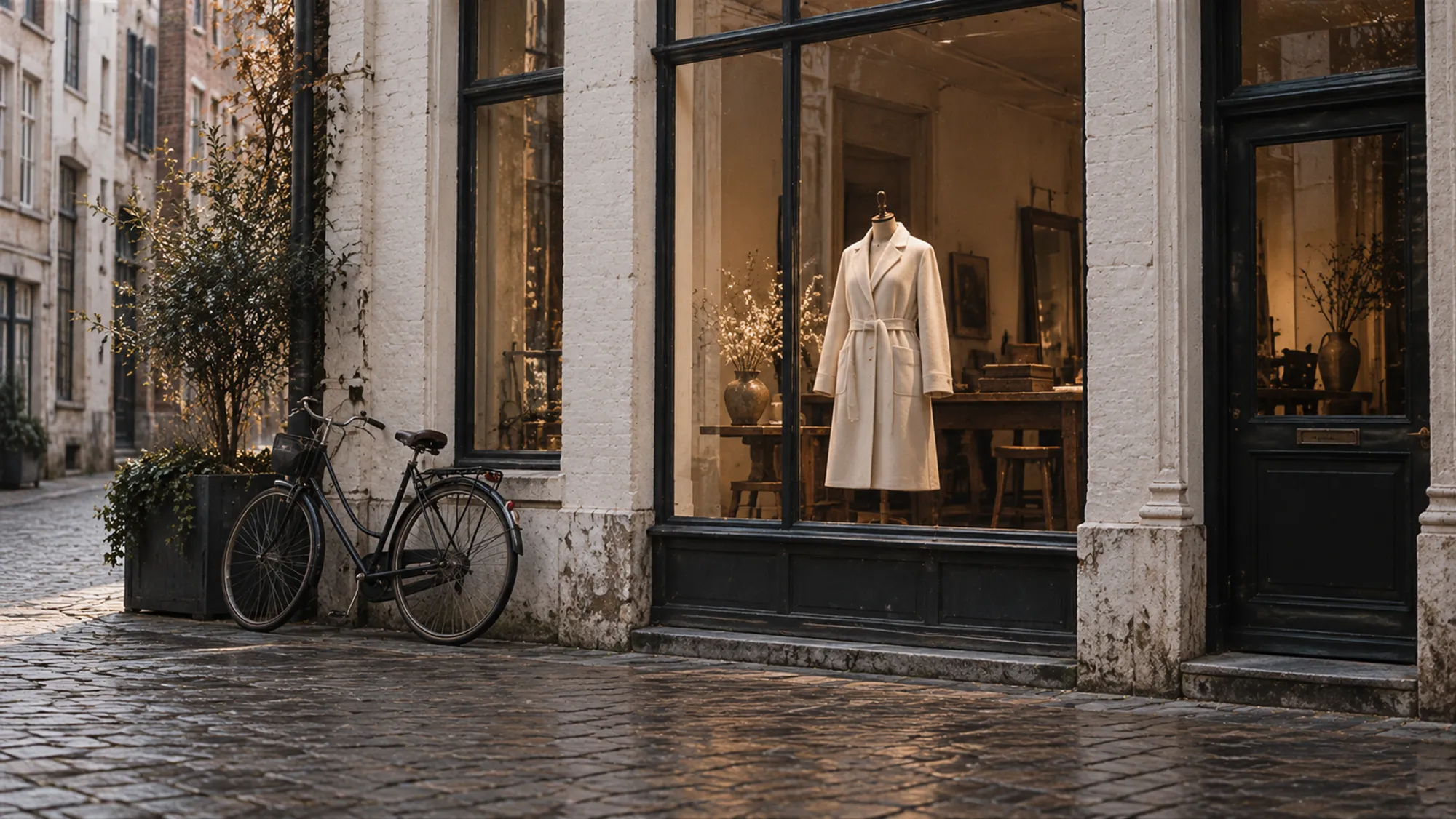 A pale wool coat on a mannequin in a tall shop window in a white façade, a black bicycle by the wall