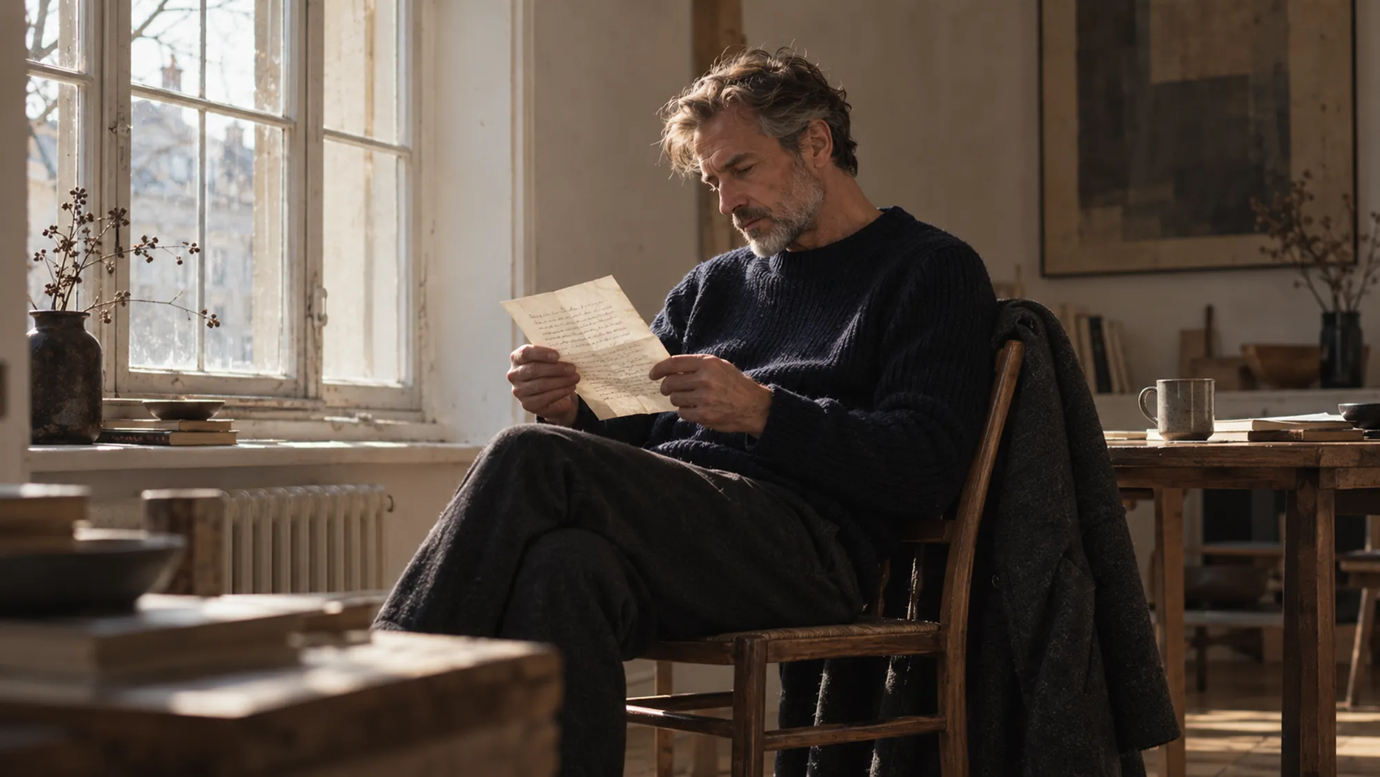 A grey-bearded man in a navy knit reads a handwritten letter by a window, a charcoal coat over his chair