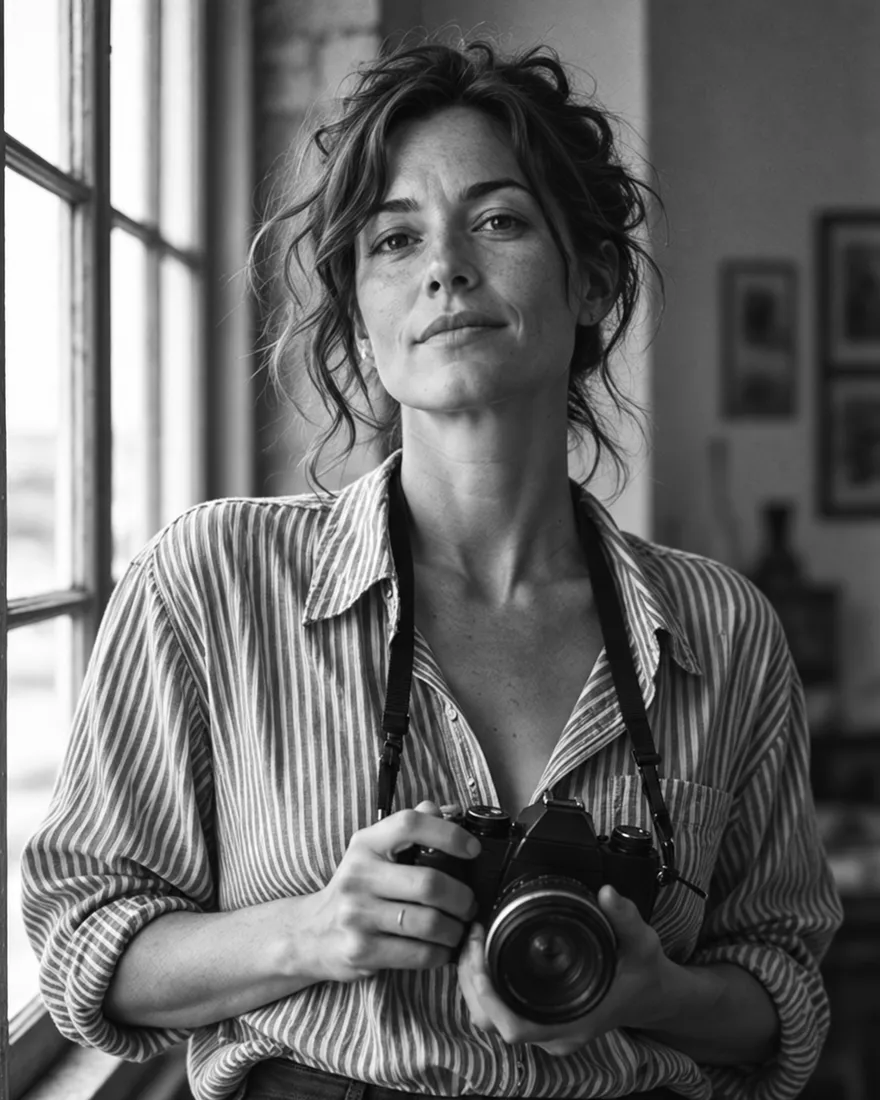 Mara Ellison in a striped shirt by a studio window, a film camera held at her chest