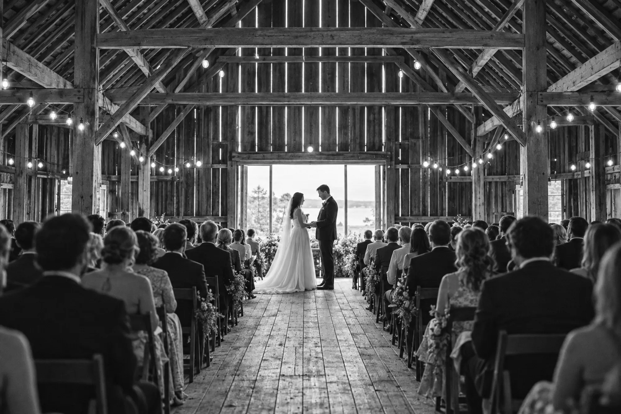 Guests in a timber barn watching the couple exchange vows in the open doorway