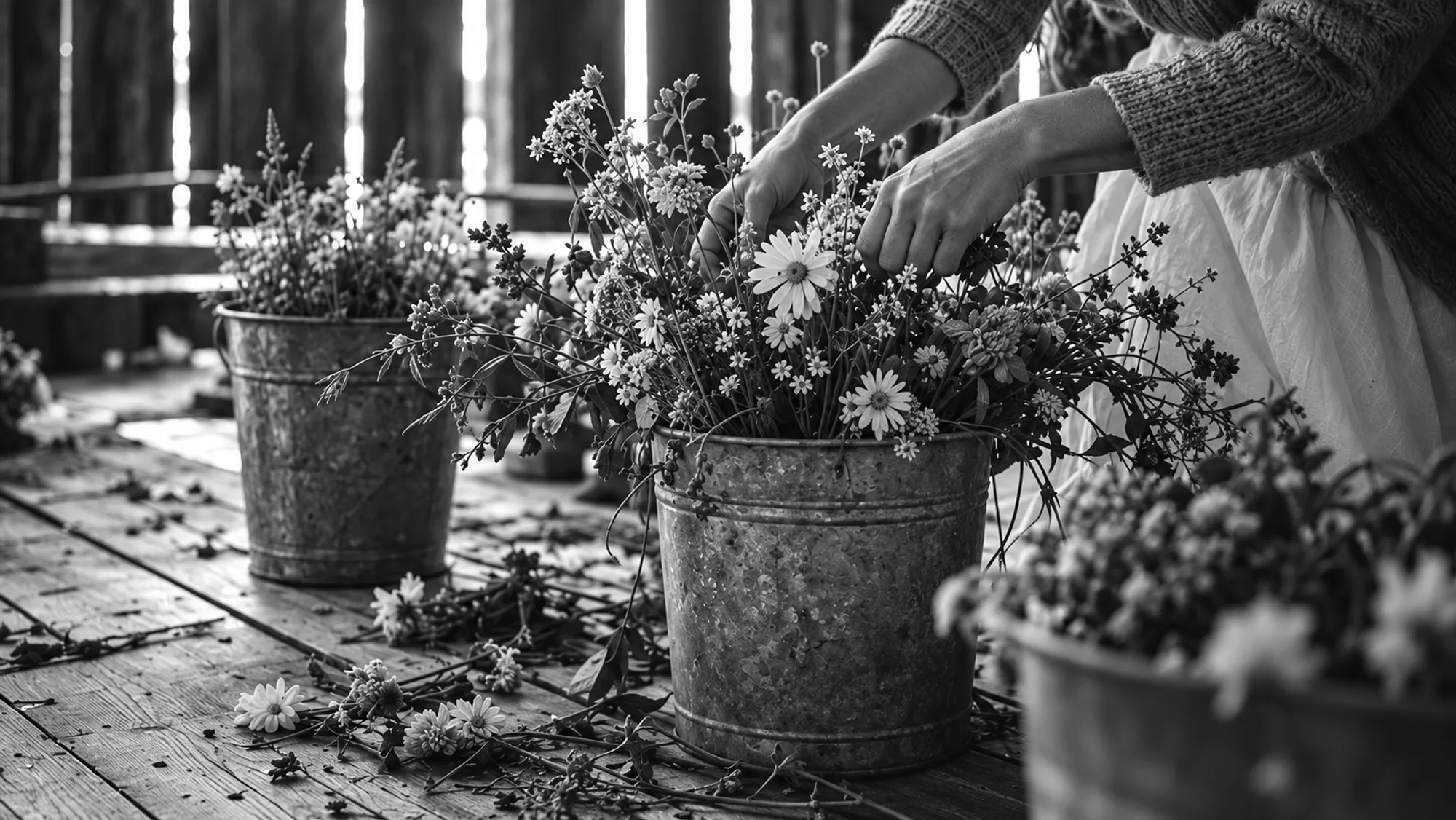 Hands sorting wildflowers in zinc buckets on a barn floor in morning light