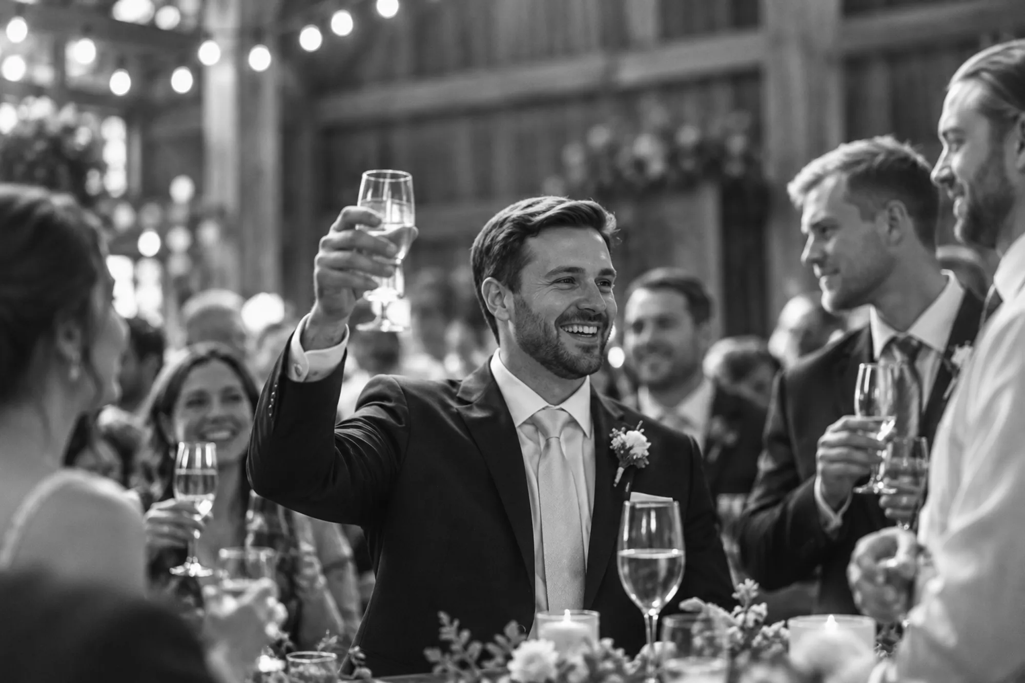 A guest in a suit raising his glass during the speeches, people laughing around him