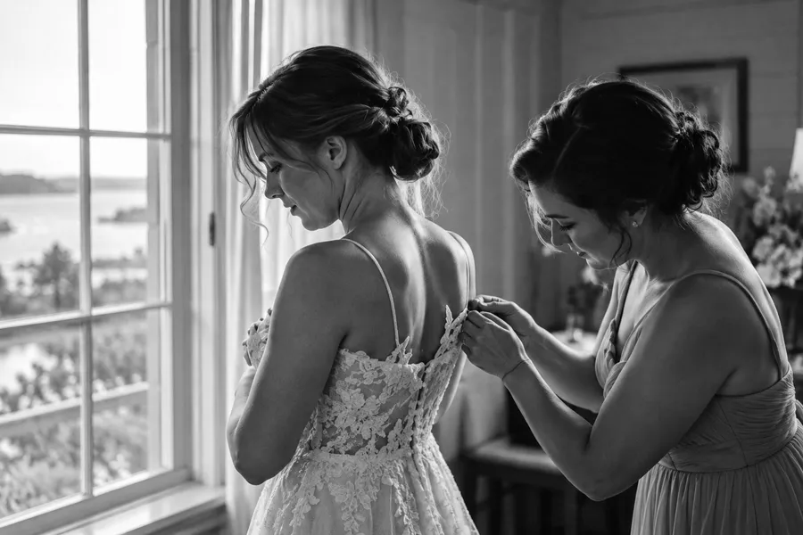 A woman fastening the bride's dress by a window overlooking the water