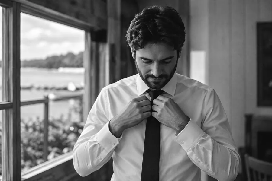 Groom tying his dark tie by a window, looking down