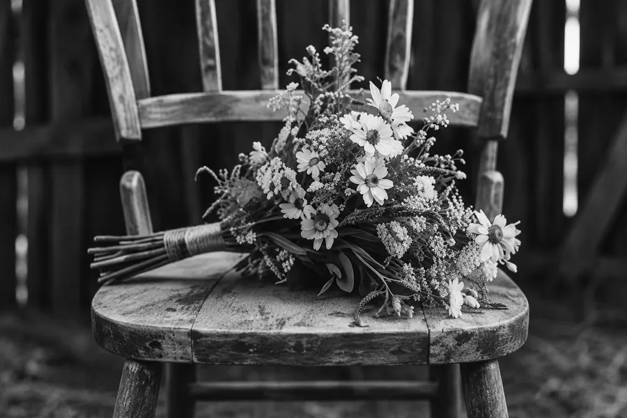 A wildflower bouquet resting on the seat of an old wooden chair