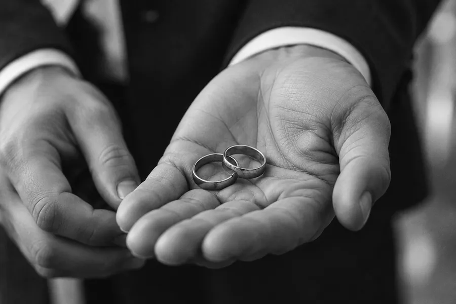 Two wedding bands resting in an open palm, a second hand beside it