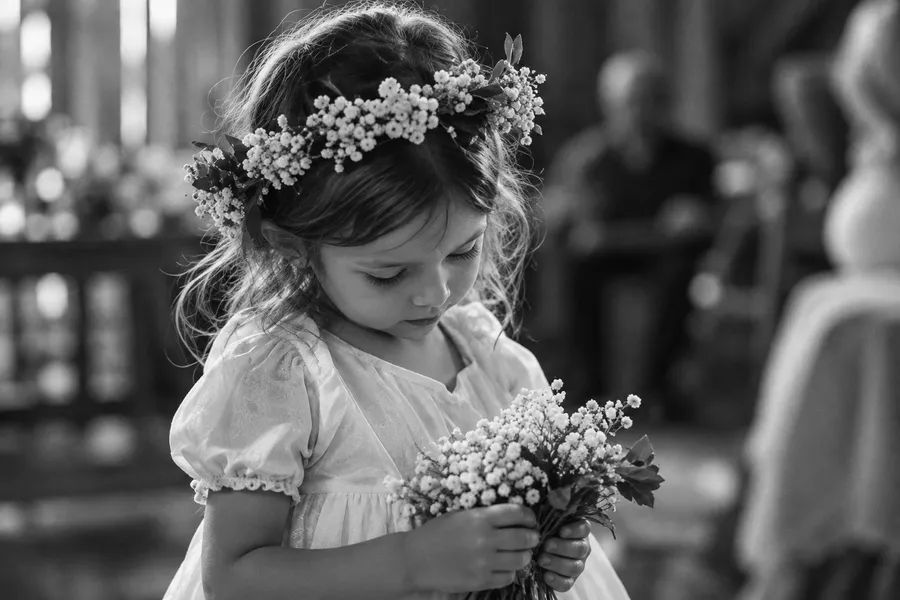 Flower girl in a flower crown looking down at the posy in her hands
