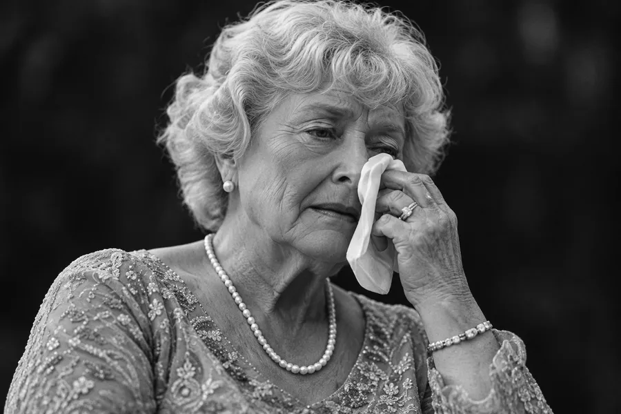 Grandmother with a pearl necklace wiping a tear with a handkerchief