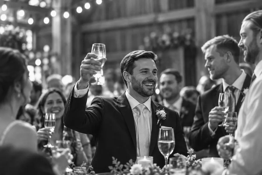 A guest in a suit raising his glass during the speeches, people laughing around him