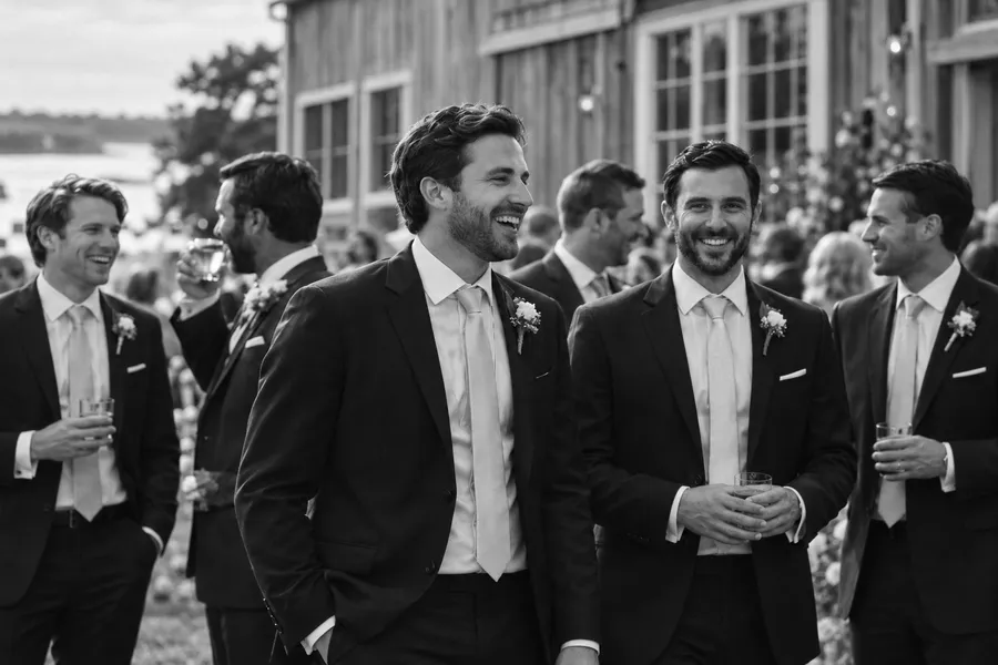 Groom and groomsmen in dark suits laughing together outside the barn