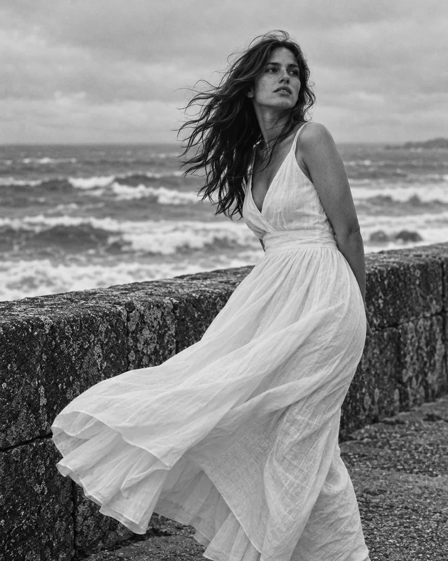 Model in a white linen dress by a sea wall, dress and hair blown by the wind