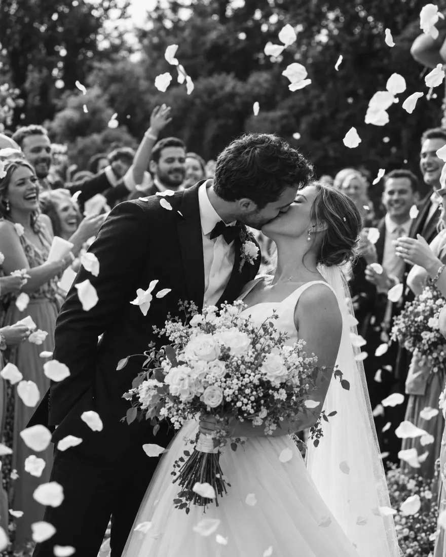 Bride and groom kissing as guests throw white petals around them