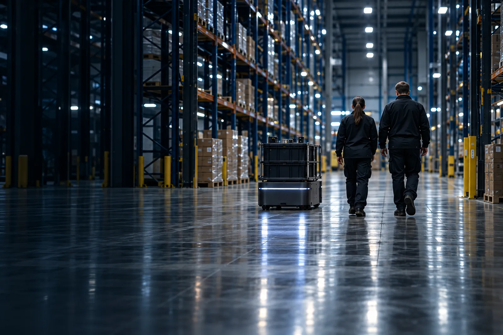 Two engineers seen from behind walking beside a robot down a long warehouse aisle at the blue hour