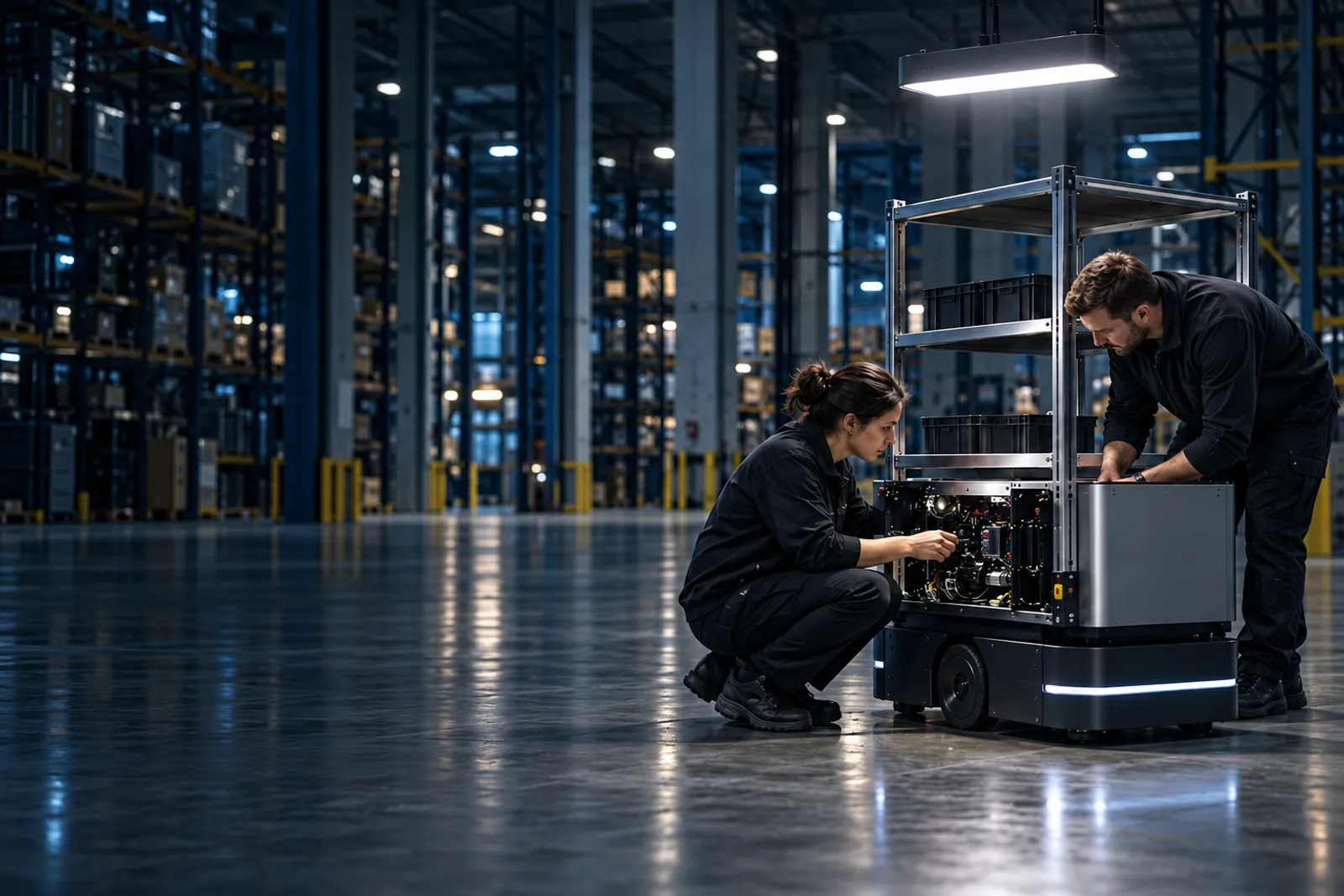 Two engineers in dark workwear at an open shelf-carrying robot under a single work light in a dark warehouse hall