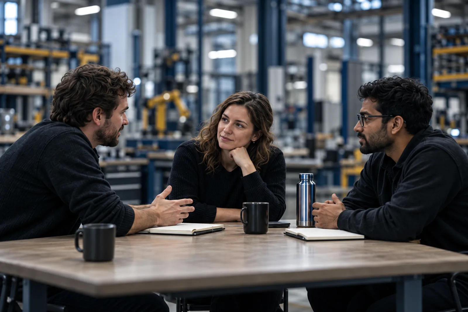Two engineers and a candidate talking across a workshop table with notebooks and coffee