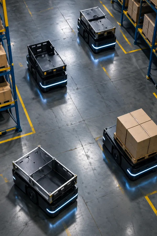 Several robots seen from above crossing a warehouse junction