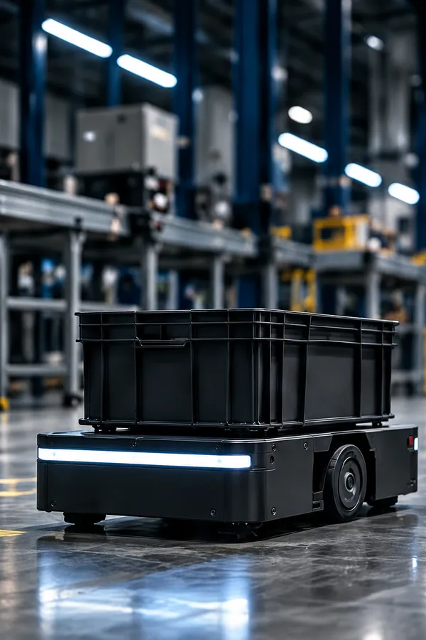 A low tote-runner robot carrying one black tote across a factory floor